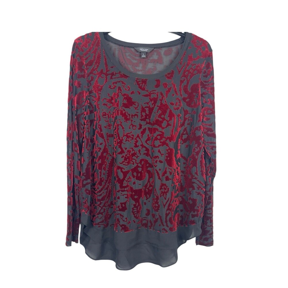 Simply Vera Wang Red Black Velvet Burnout Top Long Sleeve L Fairy Grunge Vamp